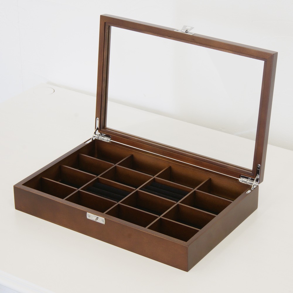 木製ガラスコレクションボックス ブラウン 仕切り付き ジュエリーボックス