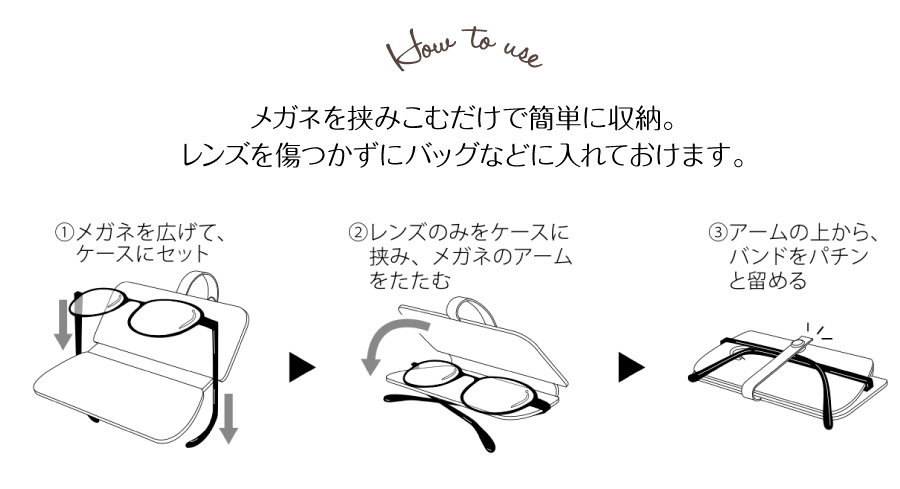 持ち運びに便利なスリムタイプのメガネケース。ポケットに入るサイズ感です。